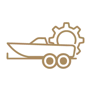 Side profile vector icon of a boat trailer with gear overlay, representing boat trailer repair in Vermont
