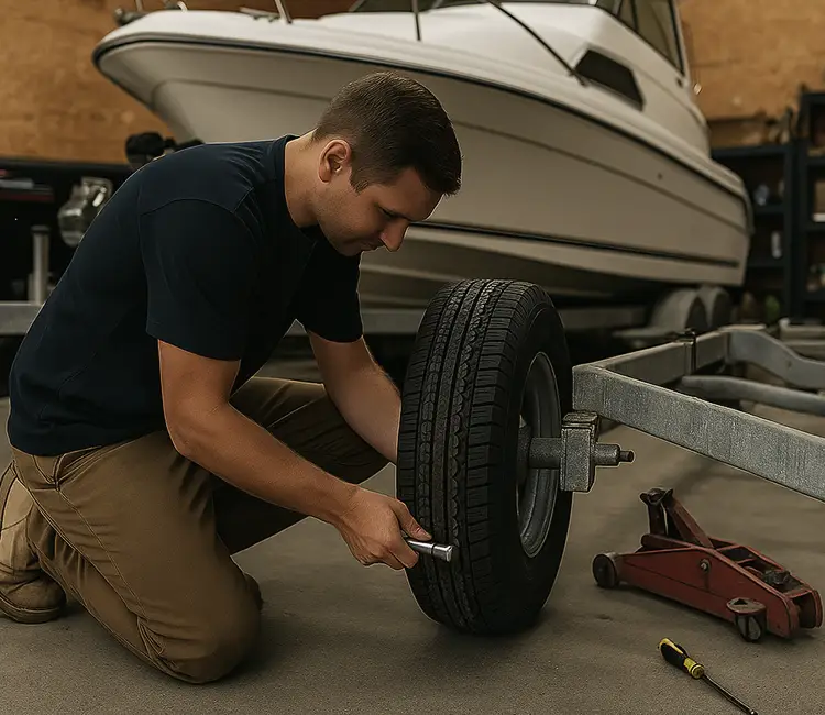 Mechanic performing trailer repair in Vermont on a boat trailer wheel assembly