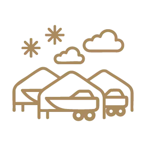 Outdoor storage icon – multiple shrink-wrapped boats parked outdoors, gold vector on transparent background