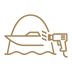 Shrink wrapping icon – gold outline of a boat being wrapped with a heat gun and dome-shaped cover