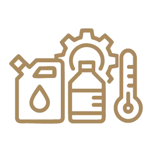 Standard winterization icon – fuel canister, oil bottle, gear, and thermometer in gold on transparent background